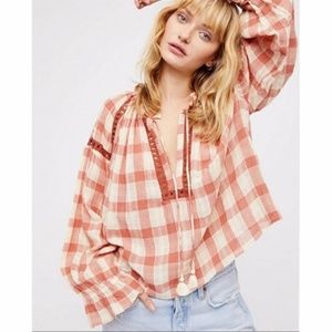 Free People | Honey Groove Plaid Top Womens L Beige Long Sleeve Knit Blouse